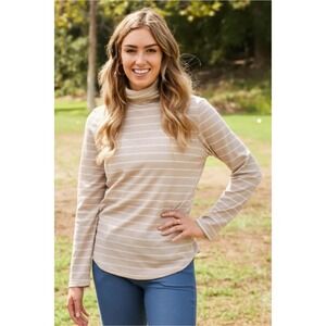 CY Fashion Taupe White Striped Waffle Knit Turtleneck Long Sleeve Top Curved Hem